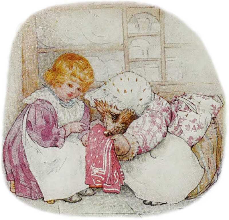 Lucie and Mrs. Tiggy-winkle bend down to look at a light red handkerchief, edged with white lines and covered with white spots.