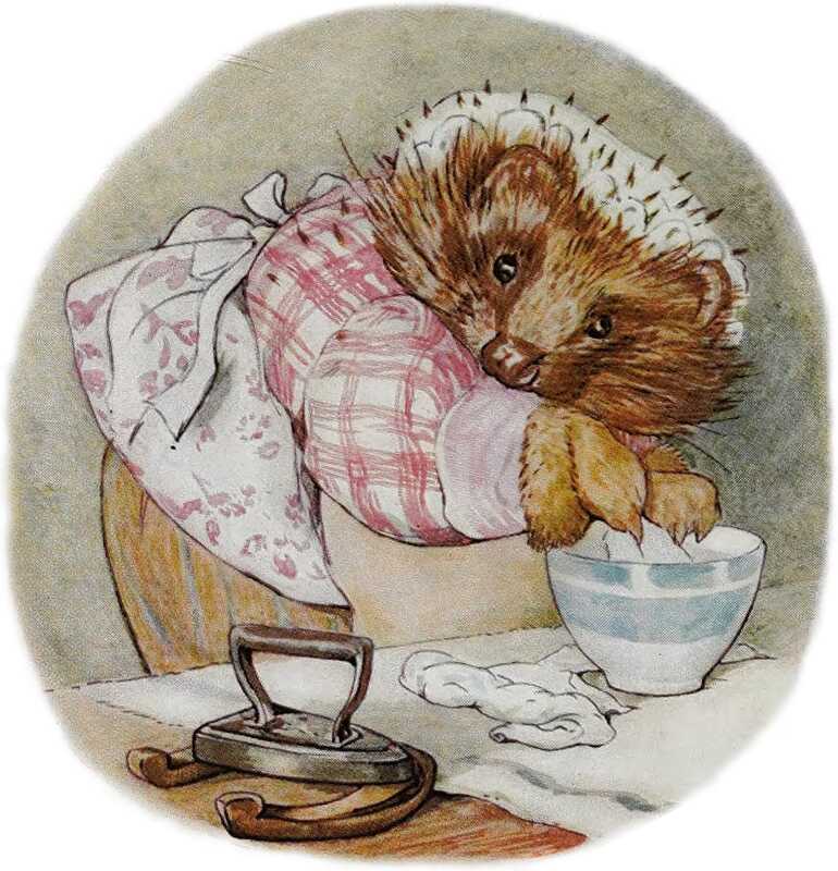 Mrs. Tiggy-winkle dips the pieces of white cloth in a blue and white bowl. The hot iron sits next to it on a stand.