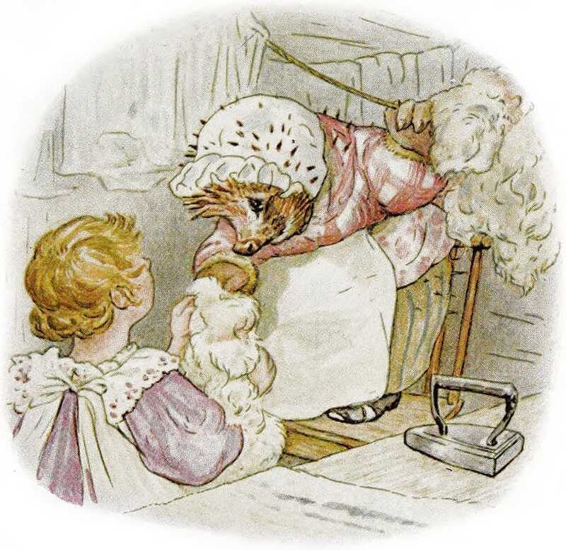Mrs. Tiggy-winkle, standing on her chair, pulls down a fluffy woollen coat from a washing line for Lucie to look at.