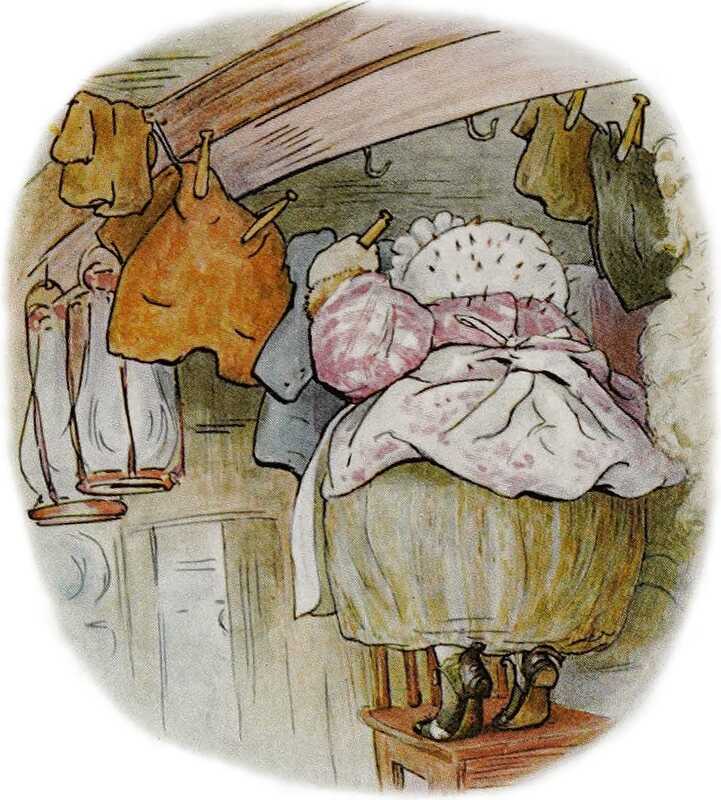 Mrs. Tiggy-winkle stands on a chair on her toes, to pin up some clothes to the lines running across her ceiling.