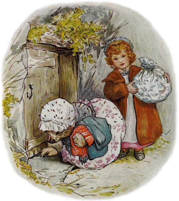 Lucie has gone outside, and is wearing her red coat again and holding a bundle of cloth. Mrs. Tiggy-winkle has a couple of pieces of clothing over her arm, and is bending down to slide the key under the door.