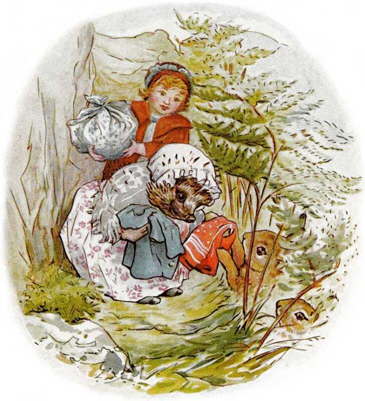 Peter and Benjamin peek out of the ferns at Mrs. Tiggy-winkle, who hands them back their clothes. Lucie looks on, holding the bundle.