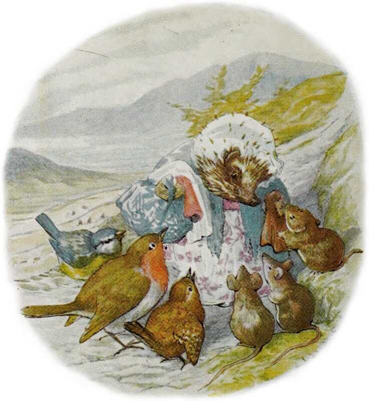 Mrs. Tiggy-winkle hands out clothes to three mice, a sparrow, a blue tit, and Cock Robin.