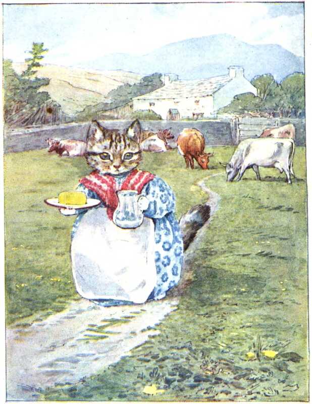 A cat is standing in a field. In the background a few cows are grazing, in front of a stone wall that borders a white farmhouse. The cat is wearing a white dress with blue rosettes, a white pinny, and a red and white striped shawl. She’s holding a jug of milk, and a plate with a pat of butter on it.