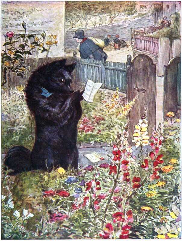 Duchess, a small furry black dog who is wearing a blue ribbon around her neck, is reading an invitation that has just been delivered by a postman. She’s standing on a path just inside a garden gate, in a garden filled with beautiful flowers.