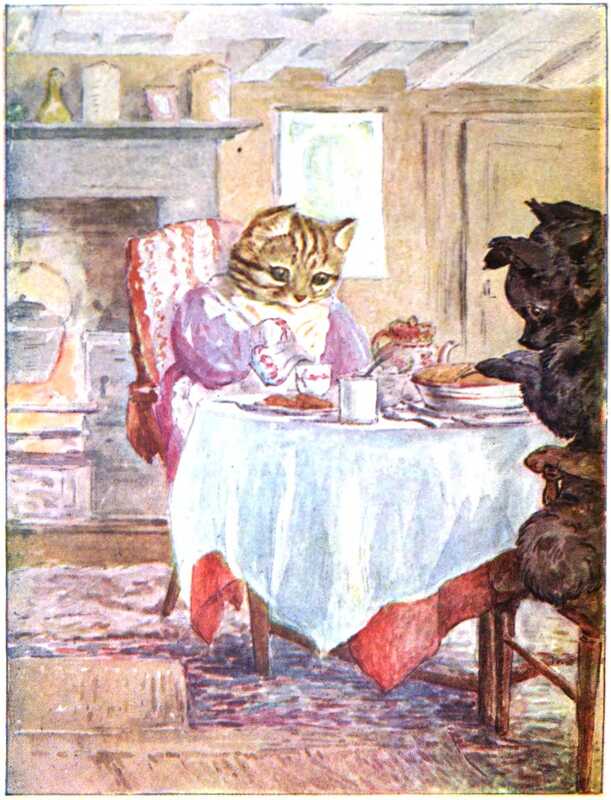 Ribby and Duchess sit at a table covered with dishes. Ribby is pouring from a jug into a glass, while Duchess looks down to the foot of the table to her left.