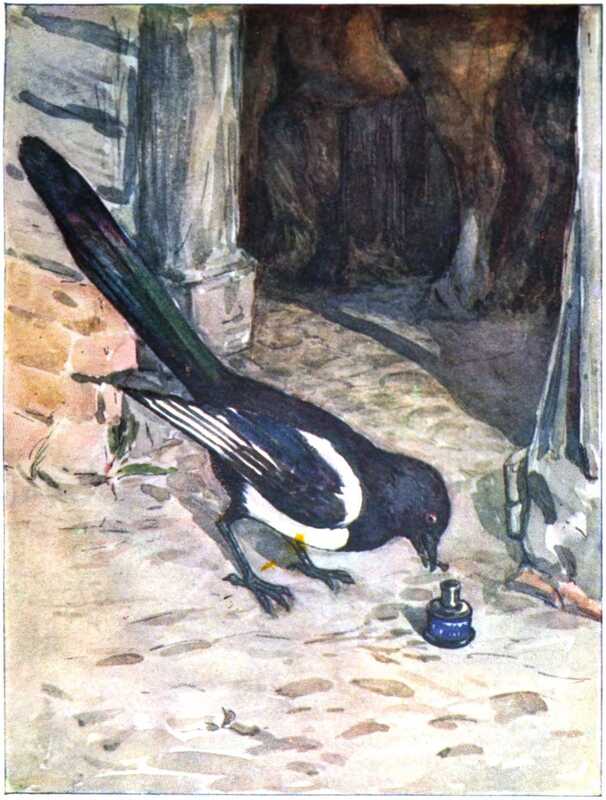 A magpie stands outside an entrance to a barn, with a horse’s legs visible in the background. In front of it is a little blue glass bottle, and it’s holding the stopper in its beak.