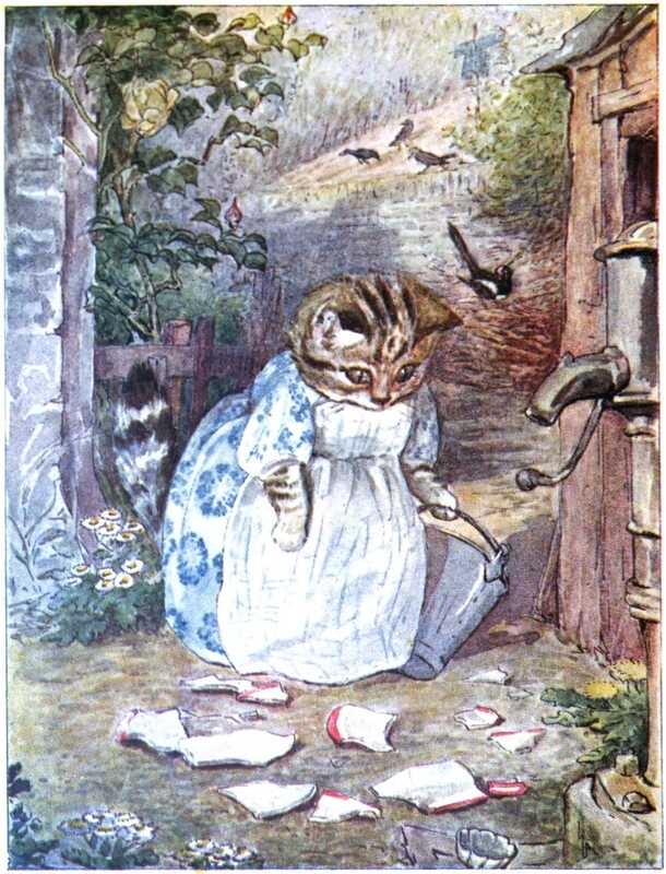 Ribby stands holding a bucket by the water pump. She’s looking at the ground in front her, where several large pieces of broken white and red pottery lie. On the hill behind her is a rose bush with yellow flowers, a magpie, several crows, and a scarecrow.