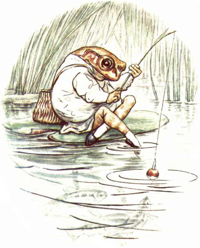 A frog sits on a lily-leaf fishing. He’s dressed in a white shirt, braces, white socks and black shoes, one of which is dipping in the water.