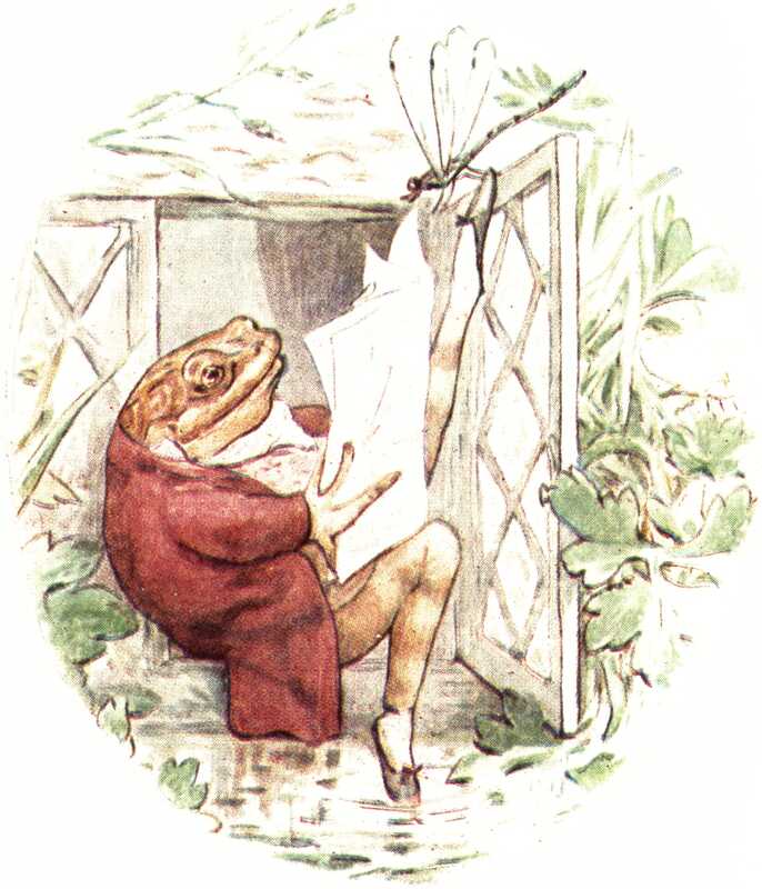 The frog is now sitting in front of the front door of a house, reading a newspaper. He’s put a red jacket on, but his right foot is still trailing in a puddle. A damselfly is perching on the top of the door.