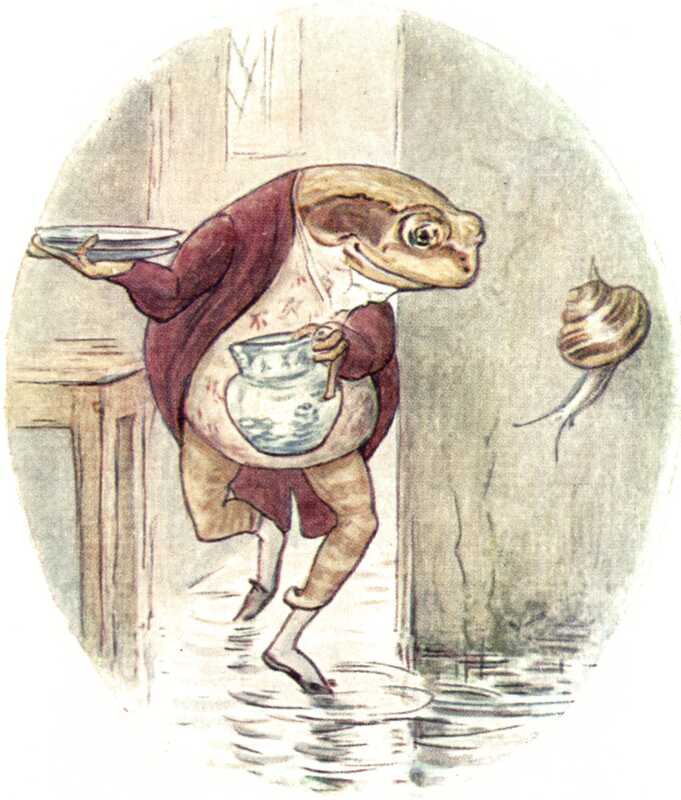 Mr. Jeremy walks through his house, holding a blue and white jug and two matching plates. The floor is covered in water, and a snail has climbed the wall.
