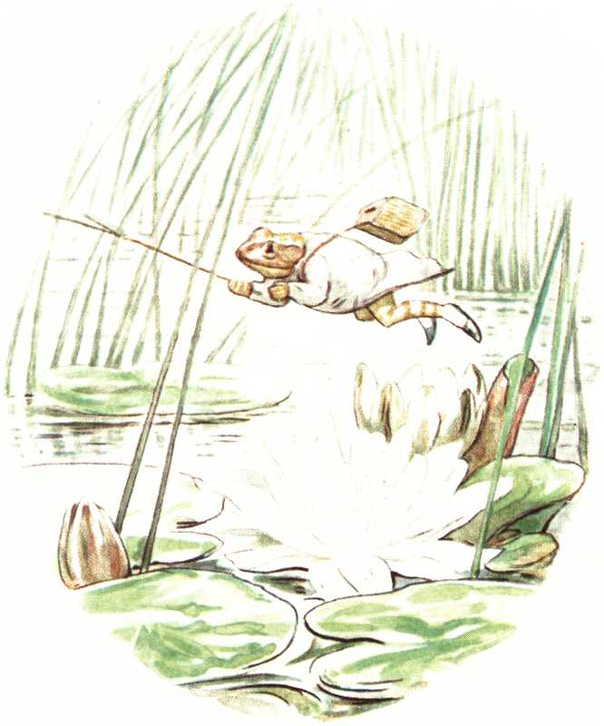 Mr. Jeremy hops across the lily-leaves and flowers, holding his rod in one hand and with a basket slung over his back.