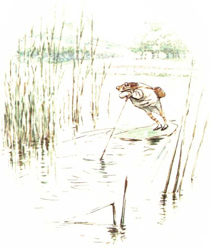 Mr. Jeremy stands on his lily-leaf boat, and pushes his way into open water with a long stalk.