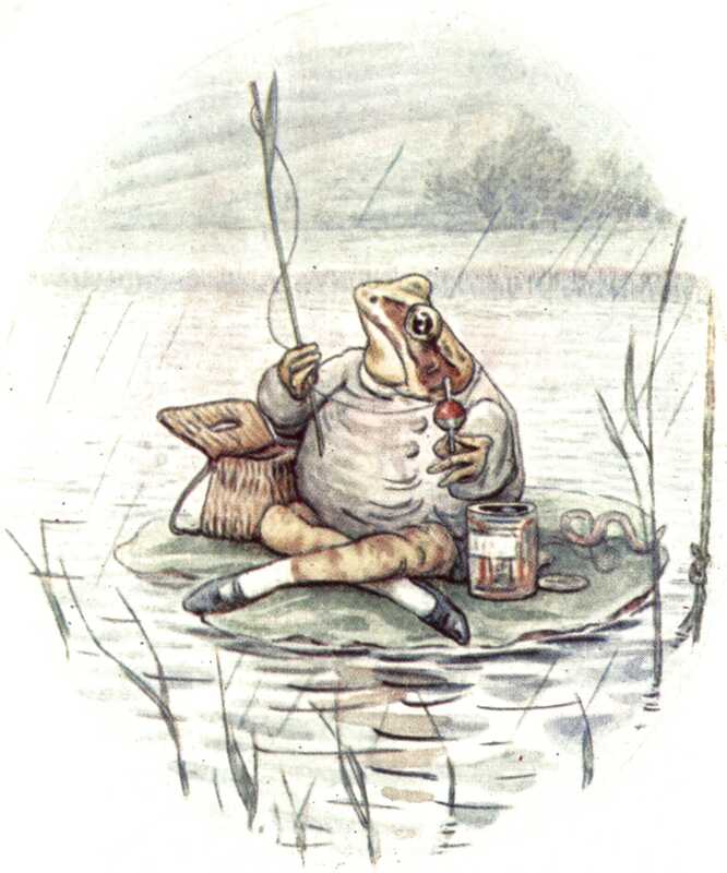 Mr. Jeremy sits cross-legged on his lily-leaf and carefully prepares his fishing tackle. In his right hand he’s holding his fishing rod and line, and in his left a red and white float. Next to him is his tin of bait and his basket. Behind him on a worm is making a valiant attempt to escape.