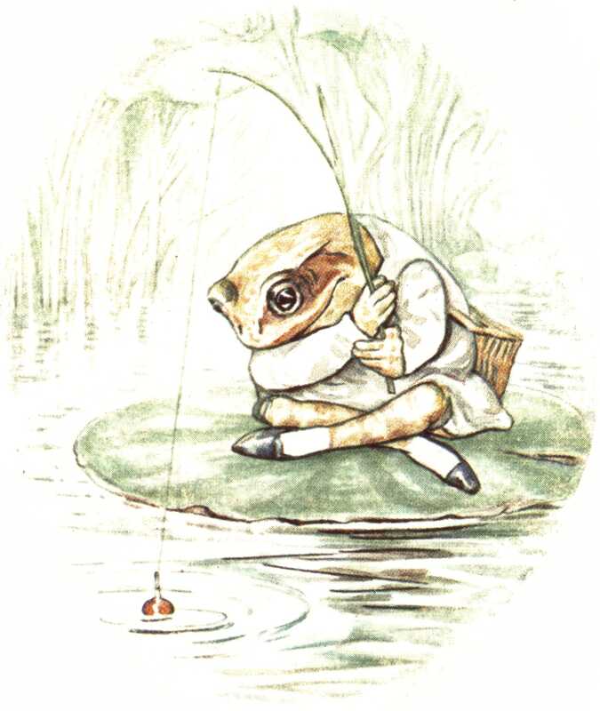 Mr. Jeremy sits on his lily-leaf with his legs crossed. He is staring intently at the float attached to his fishing line, which is sitting in the water in front of him.