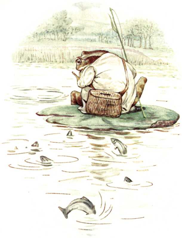 Mr. Jeremy sits on his lily-leaf, turned away and looking over his shoulder at the fish behind him who are leaping in and out of the water.