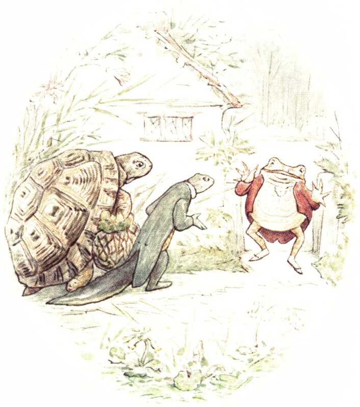 Just as a tortoise and a newt in a morning coat arrive at Mr. Jeremy’s house, he appears at the gate fully clothed in his original red jacket and looking happy.