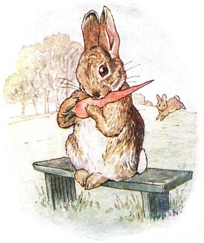 A good rabbit sits up on a small wooden bench, in a field in front of some trees. It’s munching on the side of a carrot. Behind it, the running bad rabbit approaches.