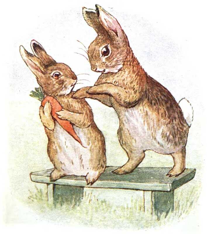 The bad rabbit stands on the bench next to the good rabbit and reaches out for the carrot. The good rabbit looks worried.