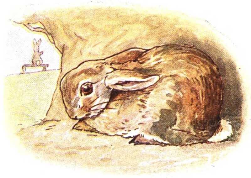The good rabbit crouches inside a hole with its ears pulled back. In the distance the outline of the bad rabbit can be seen standing on the bench.