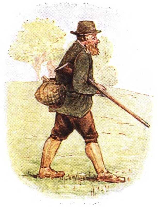 A man with a ginger beard is walking with a shotgun under his arm. He’s wearing knee-high boots, brown trousers, a green jacket, a green hat, and has a bag slung over his shoulder.
