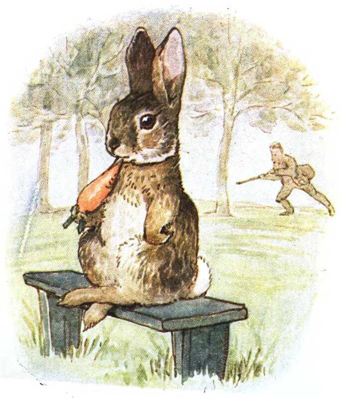The bad rabbit sits calmly on the bench, nibbling on the carrot it’s holding in its paw. Behind, next to a tree, creeps the man with his gun.