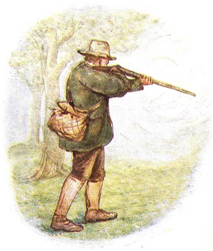 The man raises the gun to his shoulder and points it to the right of the picture.