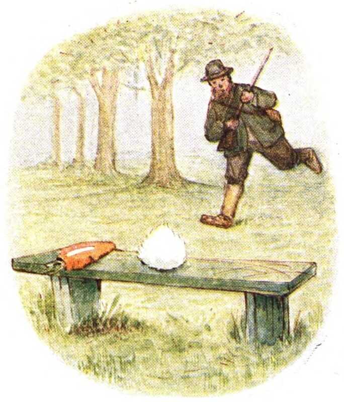 The man runs up to the bench, on which is lying a white fluffy tail, a carrot, and a small pile of whiskers.