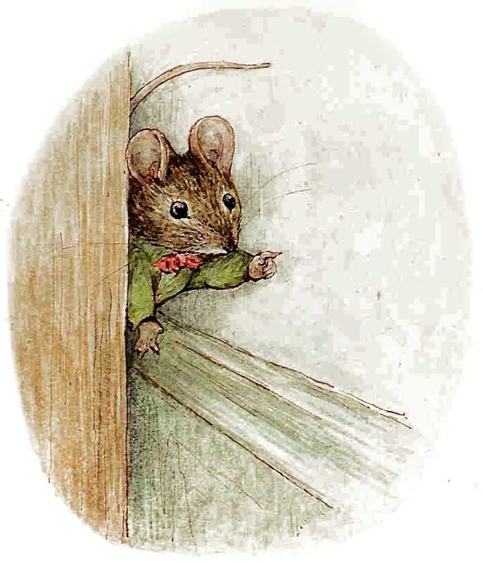 The mouse with the green jacket and a red bow-tie stands between a cupboard leg and the green skirting board, and points forwards.