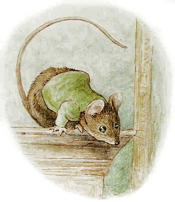 The Mouse leans forwards and peers down. His long tail is curved up over his head.