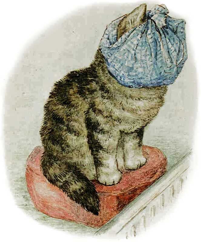 Miss Moppet is sitting on a red cushion, with her head completely wrapped in a blue cloth so that no part of it can be seen apart from the ears.