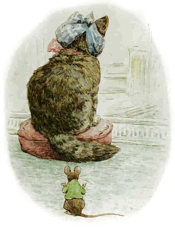 The Mouse creeps towards the tail of Miss Moppet, who has still got her head wrapped up in the blue duster.