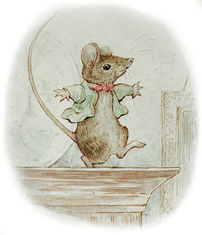 The Mouse dances with his arms out on top of the cupboard.