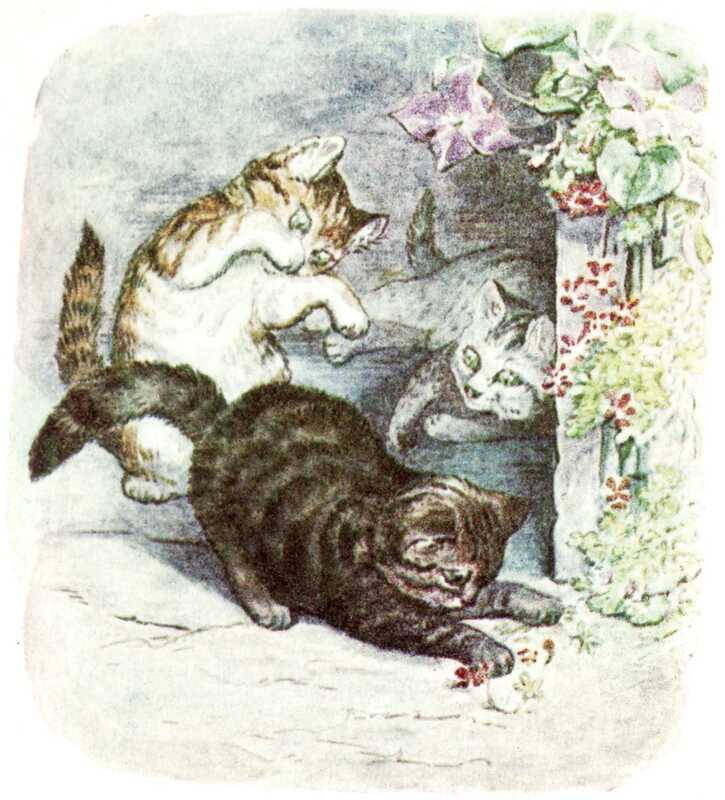 The three kittens play, pouncing on each other and on a red flower on the ground. On the wall of the house behind them more of the red flowers are climbing, along with another plant with big square purple flowers.