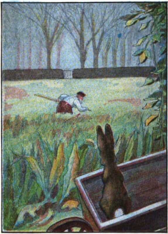 Peter sits in a wheelbarrow, looking out over a field with a gate on the other side. Mr. McGregor is directly between Peter and the gate.