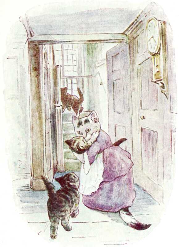 Mrs. Tabitha Twitchit carries an unwilling Moppet past the wood-panelled walls towards the stairs. She’s followed by Tom who is staring up at Moppet. Mittens has already climbed up half the stairs and is rounding the corner.