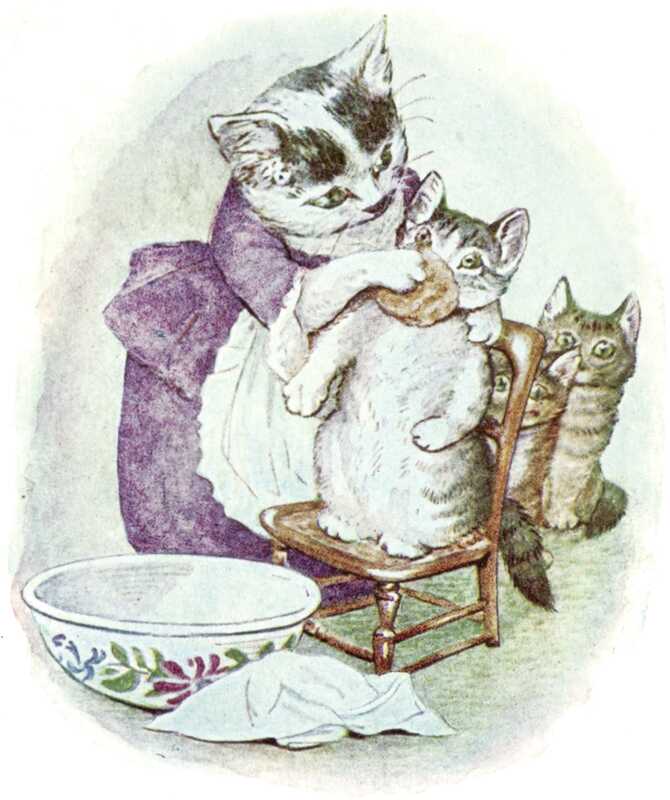 A shocked Moppet is on a chair having her face vigorously scrubbed with a sponge by Mrs. Tabitha Twitchit. Behind the chair peak out the other two worried-looking kittens.