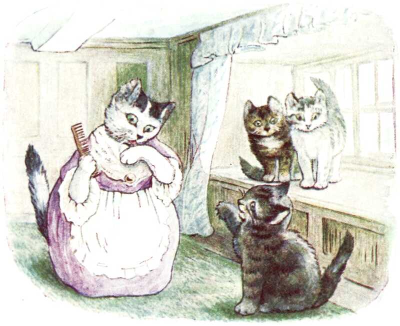 Mrs. Tabitha Twitchit stands with a comb in her right hand, and licks the back of her left paw. Tom sits on the ground in front of her and swipes with his right paw. The other kittens are sitting on the windowsill and look shocked at his behaviour.