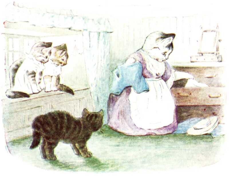 Mrs. Tabitha Twitchit rummages through a chest of drawers, and pulls out a pair of blue shorts. The kittens on the windowsill are already dressed in short-sleeved white pinafores, while Tom still isn’t wearing anything. On the floor lies a hat and other blue clothing.