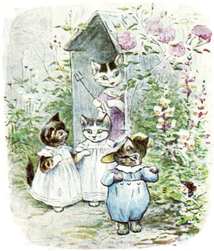 Mrs. Tabitha Twitchit, holding a toasting fork, shoos the kittens out of the house. Moppet and Mittens talk to each other, while Tom seems more interested in a butterfly that has just flown away from the flowers surrounding the house.