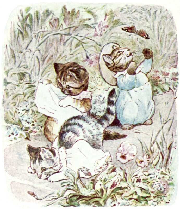 The kittens play on the garden path, surrounded by tall flowers. Moppet is down on all fours, with her pinafore falling off her back. Mittens has lifted up the front of her pinafore to inspect it. Tom is trying to catch a large butterfly that is circling over his head.