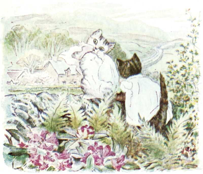Mittens and Moppet have climbed through a raised bed of pink rhododendrons and ferns, and arrived on the top of a dry stone wall. Mittens is tugging at the neck of her pinafore, which is nearly falling off.