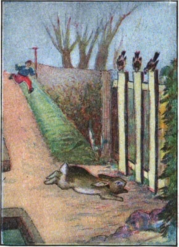 Peter runs down a path and under a gate. Mr. McGregor is in the distance, chasing Peter with a rake.