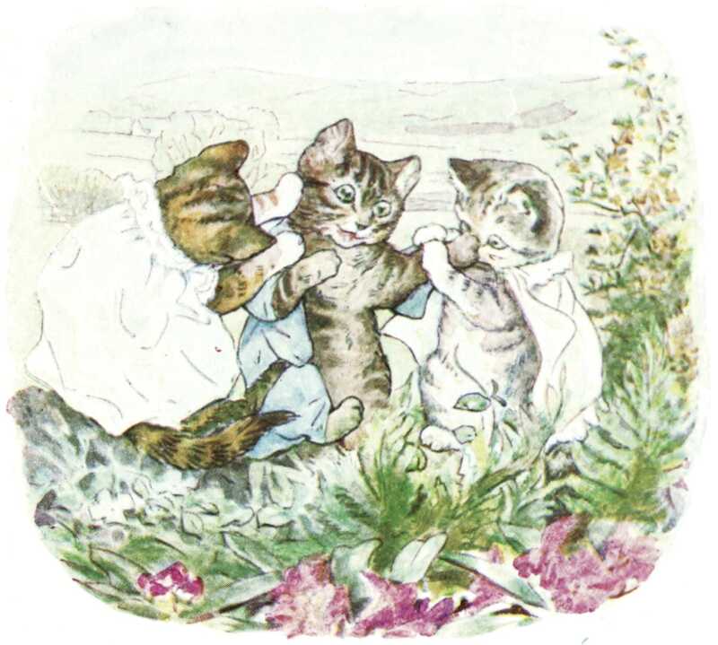 Mittens and Moppet strip the broken clothes from a smiling Tom Kitten.