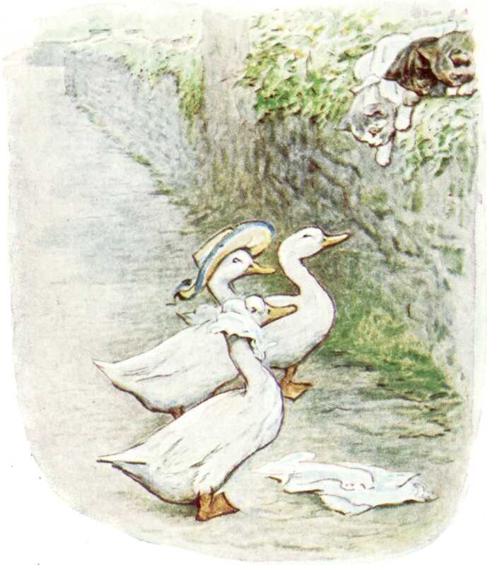 The three ducks stare up at the kittens on top of the wall, who are leaning over and staring at the ducks. Rebeccah Puddle-duck is wearing a straw boater with a curved brim, edged with a blue ribbon. Jemima Puddle-duck has the collar of a pinafore on her head.