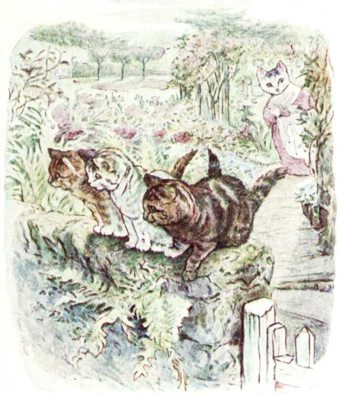 The three kittens sit on top of the wall next to each other and stare at the ducks as they walk away. Behind them, unseen, Mrs. Tabitha Twitchit is looking down the garden path at the kittens.