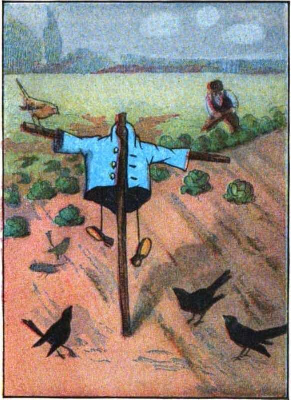 Peter’s blue coat and little black shoes are hanging from a stick in a vegetable garden. Three blackbirds look on, while Mr. McGregor tends to the cabbages in the background.