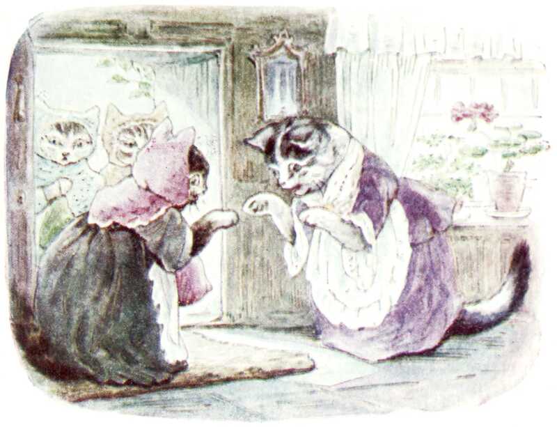 Mrs. Tabitha Twitchit is chatting excitedly with another cat, who is wearing a black dress, a purple scarf and a purple bonnet covering her ears. Outside the doorway stand two more cats, who are also wearing scarves and bonnets. Pots of geraniums are standing on the windowsill.