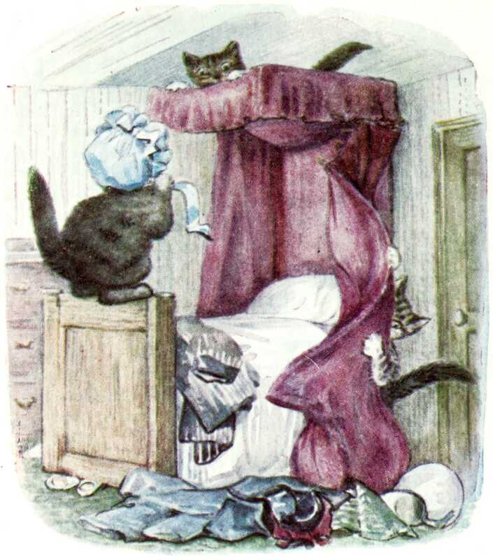 The bedroom that the kittens have gone to is in a dreadful mess. Clothes and shoes litter the floor; Moppet is trying to climb up the red curtains surrounding the head of a wooden bed; Mittens has already made it to the top; and Tom Kitten is standing on the foot of the bed looking up at Mittens and wearing a large blue bonnet.