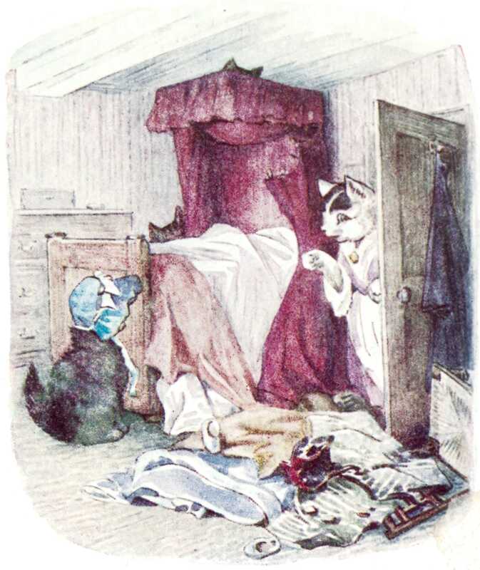 Mrs. Tabitha Twitchit has opened the door and is pointing a paw at Tom, who has climbed down from the bed. Behind the bed’s top curtains we can just see the other two kittens’ ears poking out. In front of the door a chair has tipped over, spilling the clothes that had been hung on it.